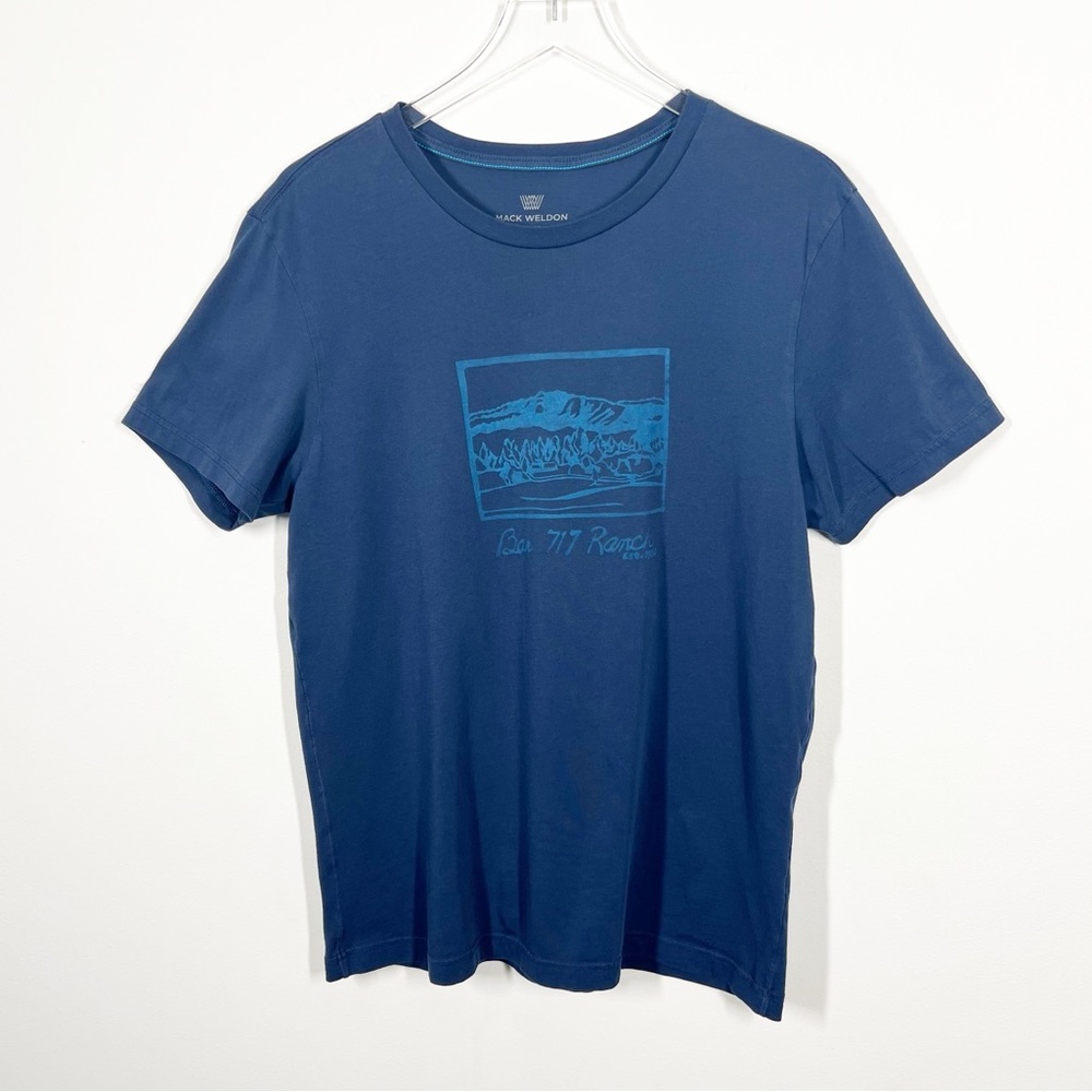 Mack Weldon Men's Size Large Blue Bar 717 Ranch Pima Cotton Graphic T-Shirt